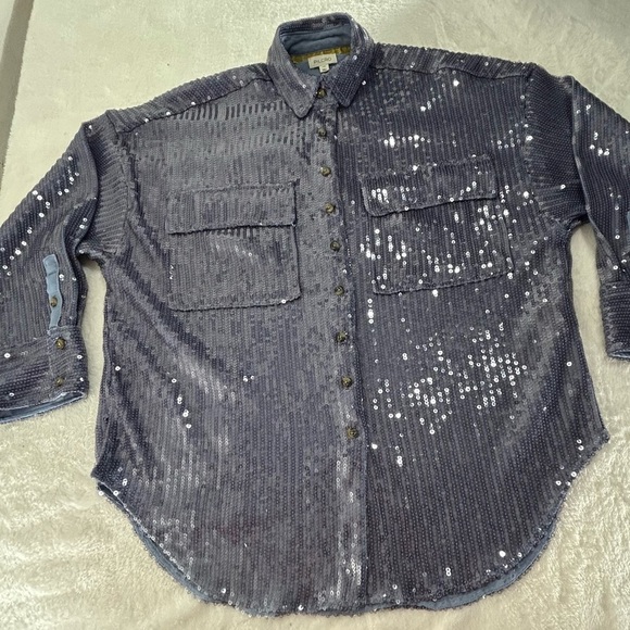 Anthropology Pilcro Shimmering Blue Buttondown Tunic Style Sequin Shirt Size XSP - Picture 14 of 15